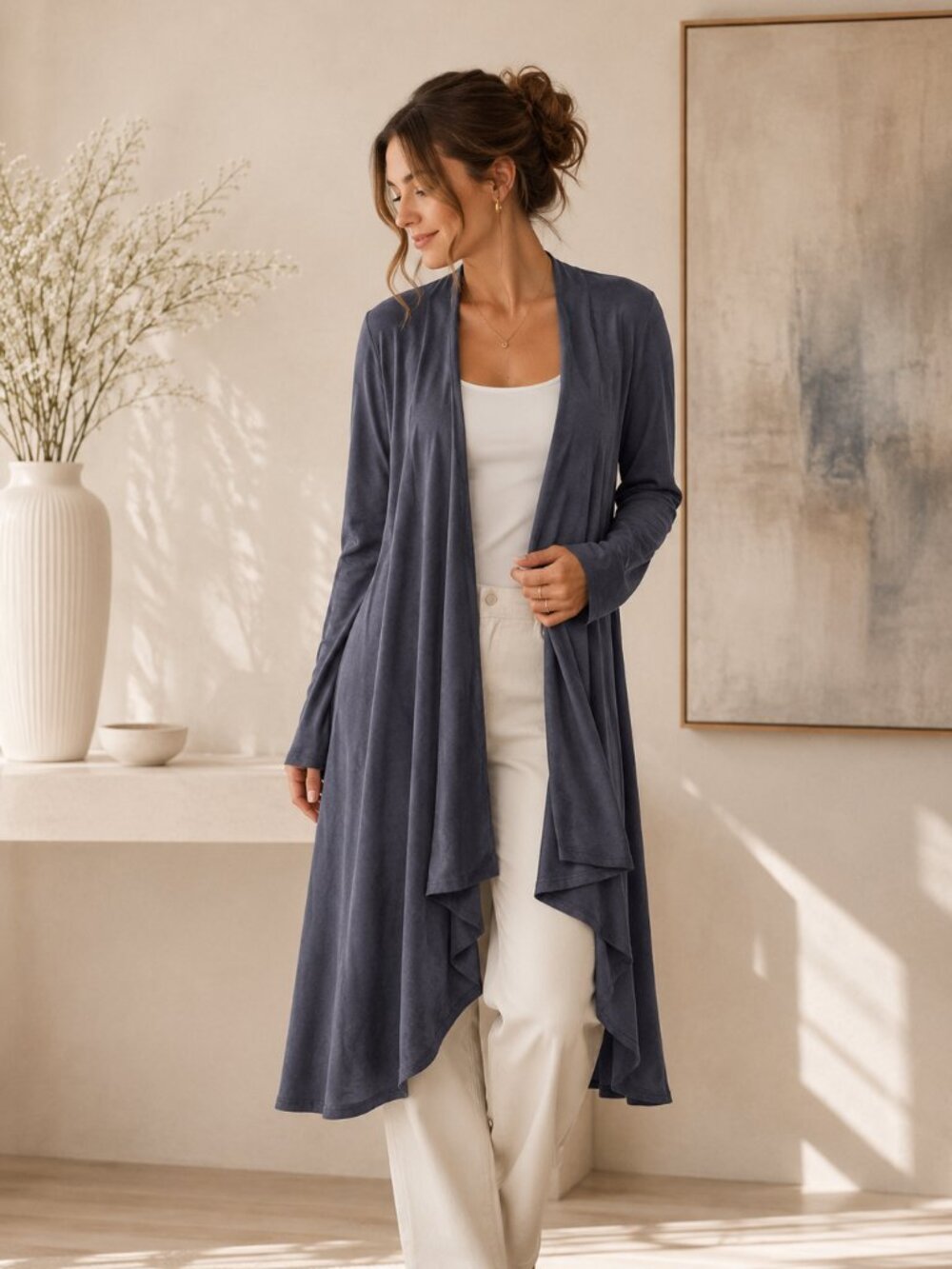 Honey & Lace Slate Blue Open Front Duster Cardigan | Flowy Draped Fit | Size XS